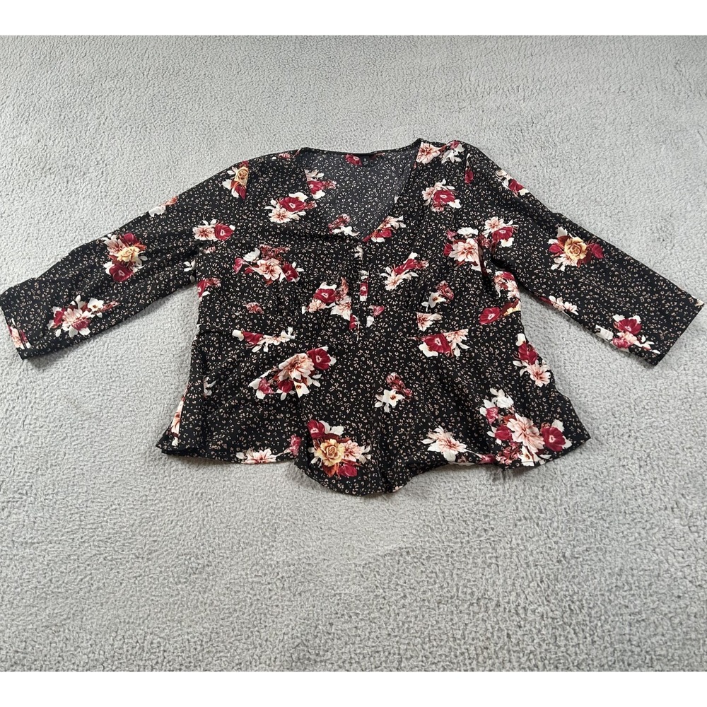 Torrid‎ Blouse Womens 2 Black Floral Leopard Print Peplum 3/4 Sleeve V Neck Top